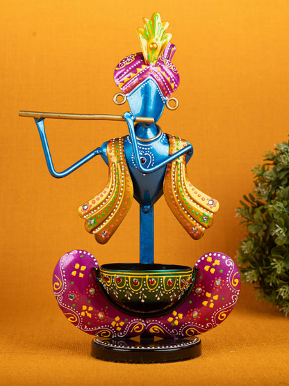 Metal Handpainted Krishna T Light Holder - Set of 2 - WL5255-2