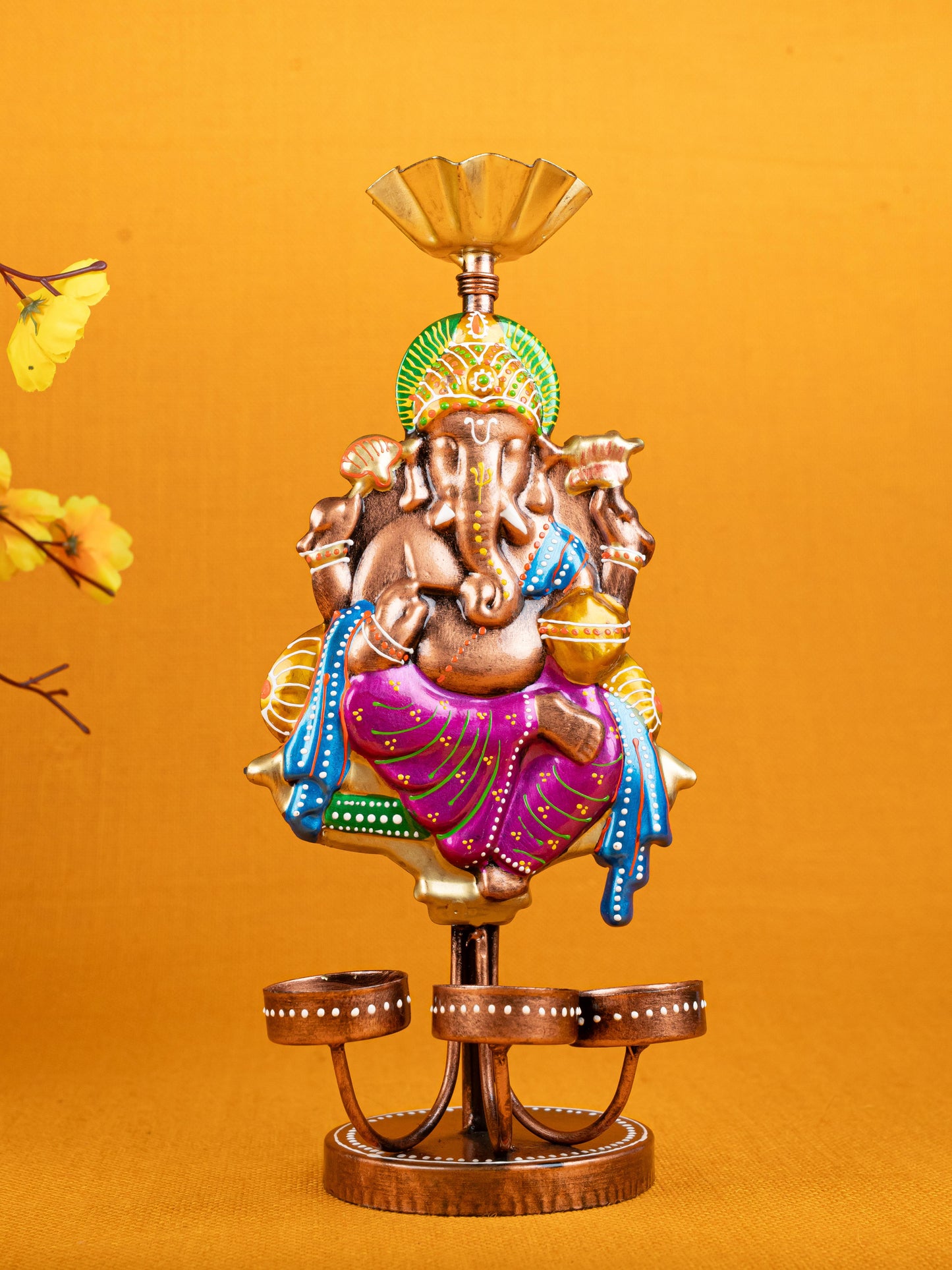 Metal Handpainted Ganesha T Light Holder - Set of 2 - WL5257