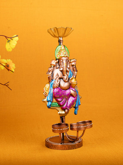 Metal Handpainted Ganesha T Light Holder - Set of 2 - WL5257