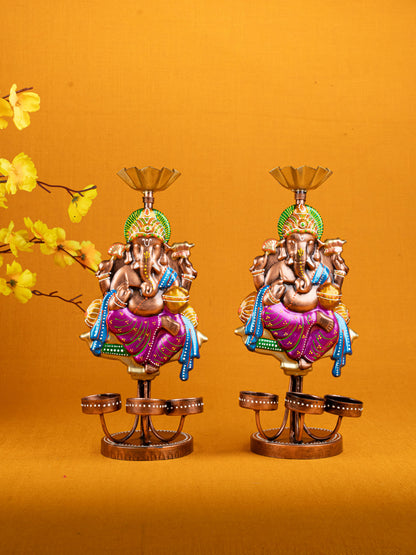 Metal Handpainted Ganesha T Light Holder - Set of 2 - WL5257