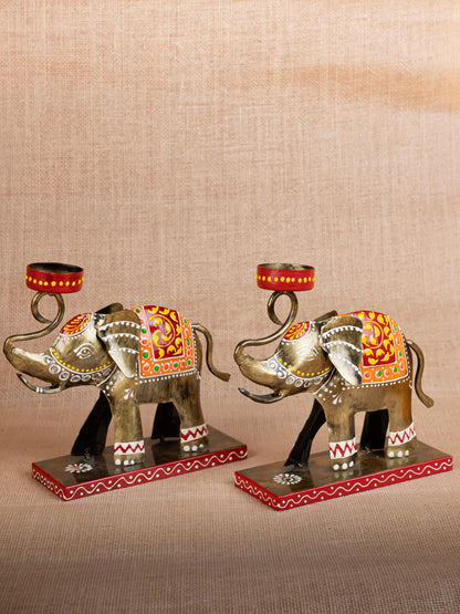 Metal Handpainted Elephant  T Light Holder - Set of 2 - WL5260