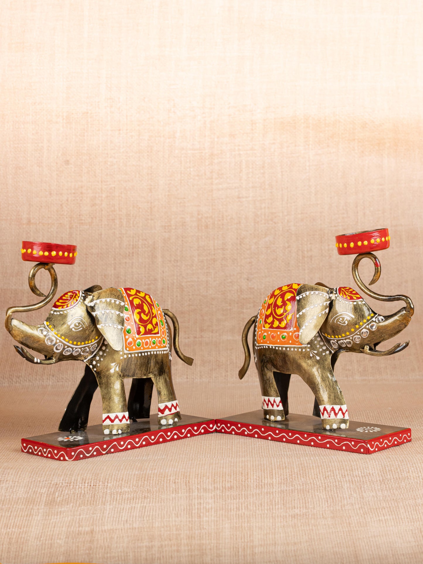 Metal Handpainted Elephant  T Light Holder - Set of 2 - WL5260