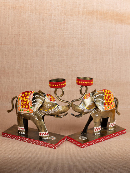 Metal Handpainted Elephant  T Light Holder - Set of 2 - WL5260
