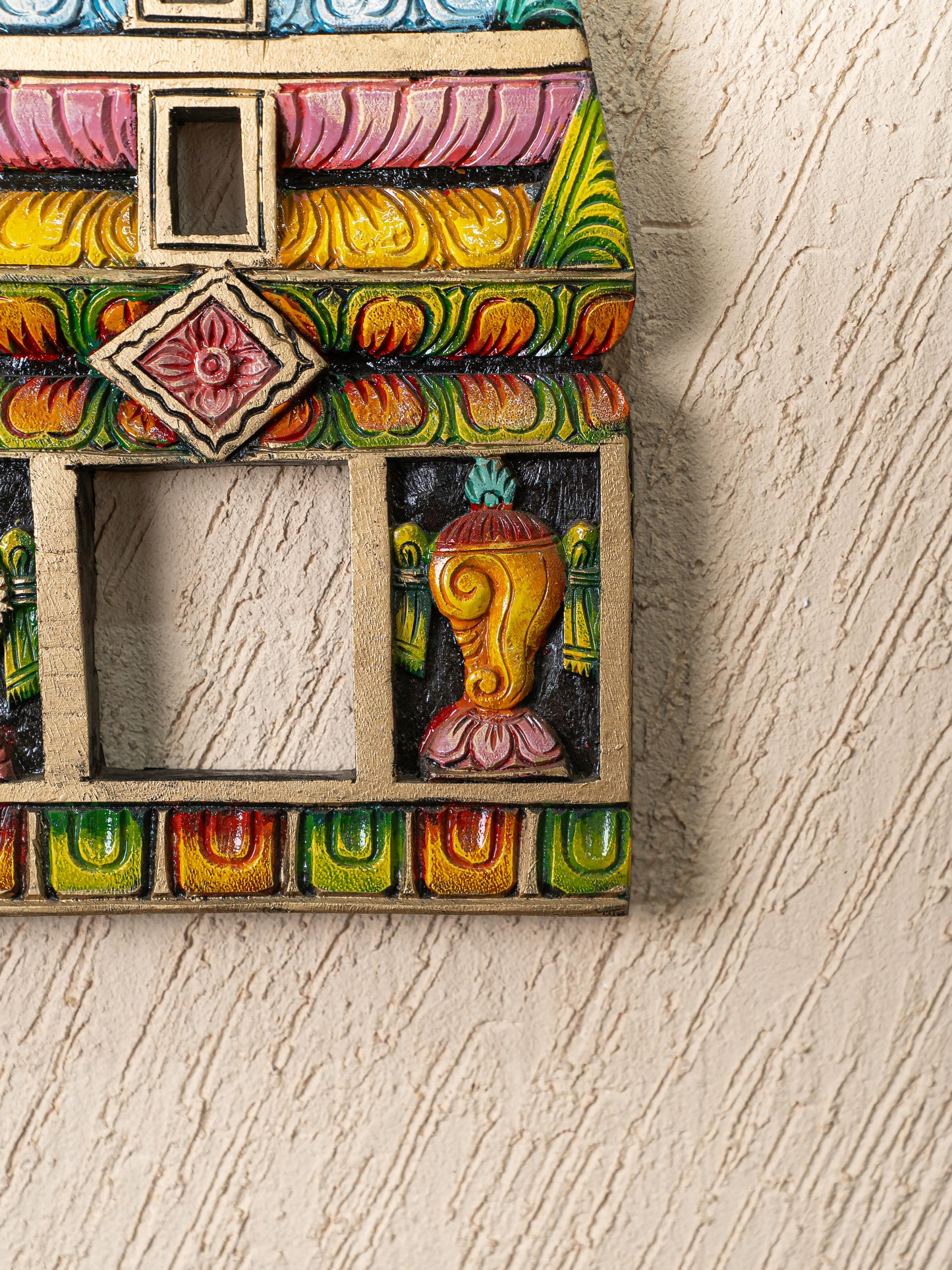 Wooden Carved - Kovil Gopuram with Shankh Chakra Wall Hanging - 18 inch - WL5266