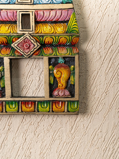 Wooden Carved - Kovil Gopuram with Shankh Chakra Wall Hanging - 18 inch - WL5266