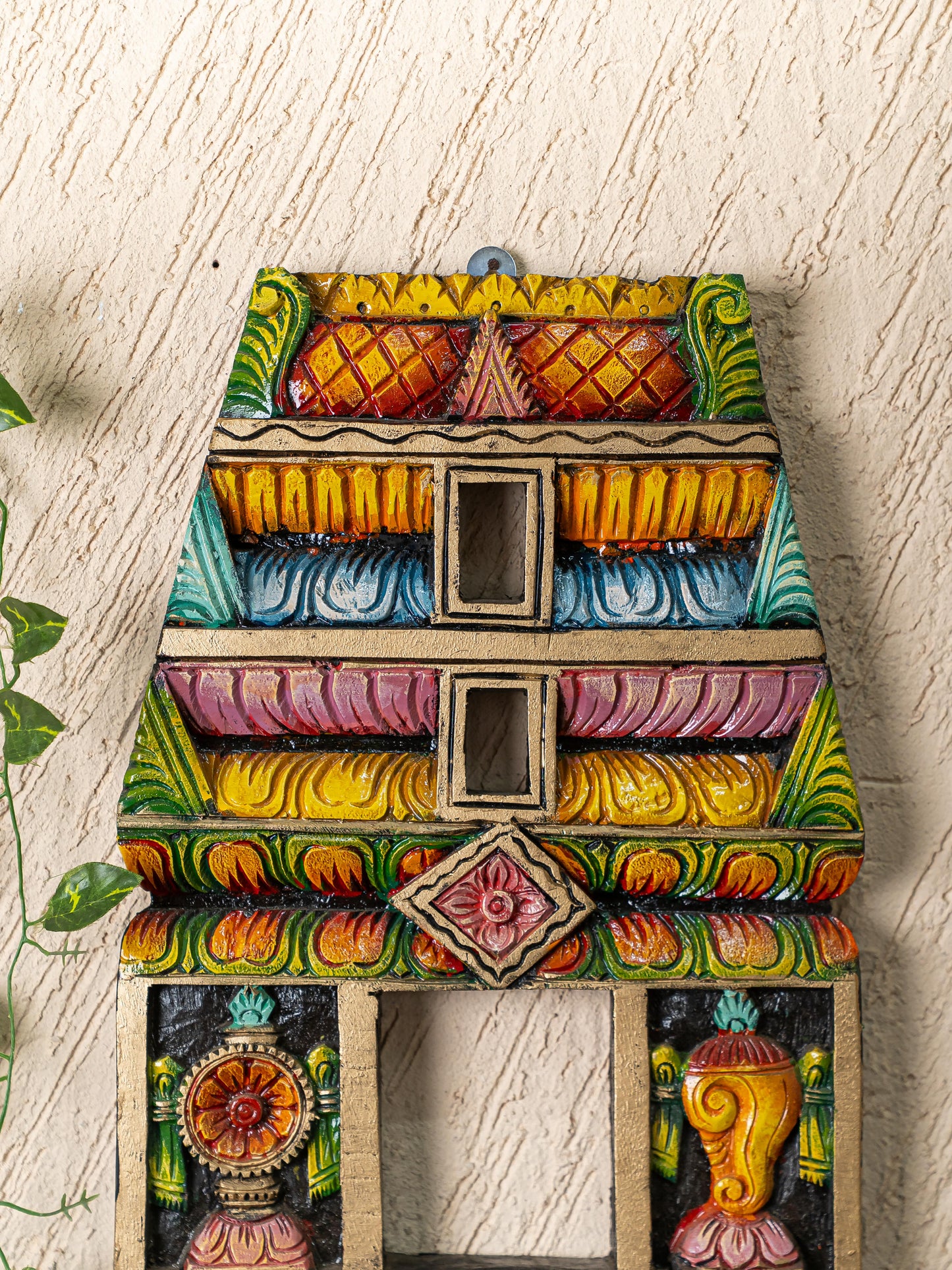 Wooden Carved - Kovil Gopuram with Shankh Chakra Wall Hanging - 18 inch - WL5266