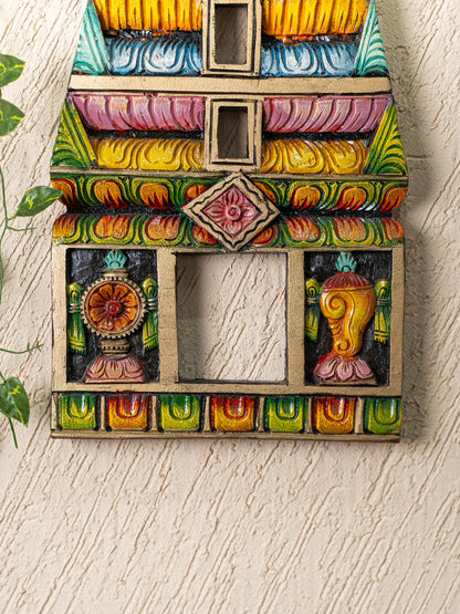Wooden Carved - Kovil Gopuram with Shankh Chakra Wall Hanging - 18 inch - WL5266