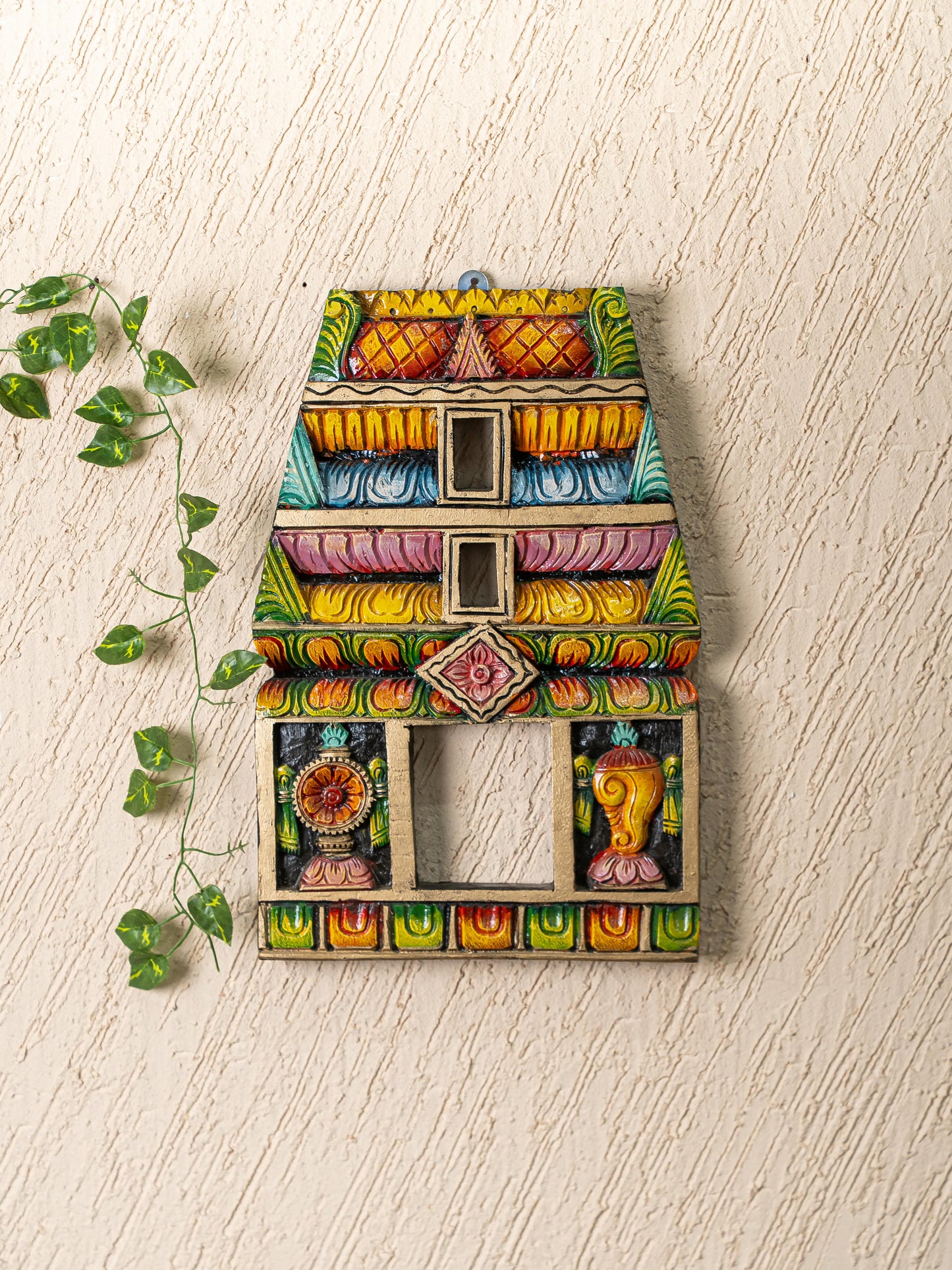 Wooden Carved - Kovil Gopuram with Shankh Chakra Wall Hanging - 18 inch - WL5266