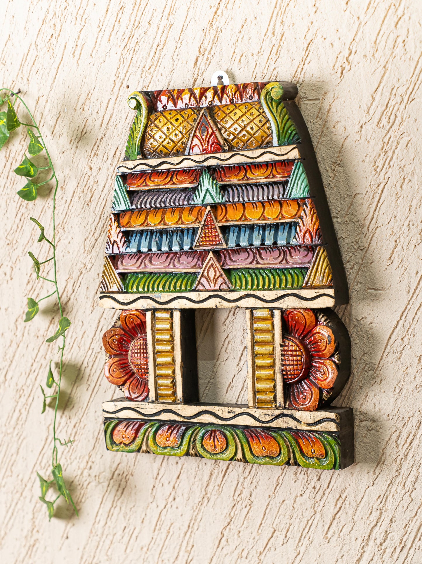 Wooden Carved - Kovil Gopuram Wall Hanging - 15 inch - WL5269