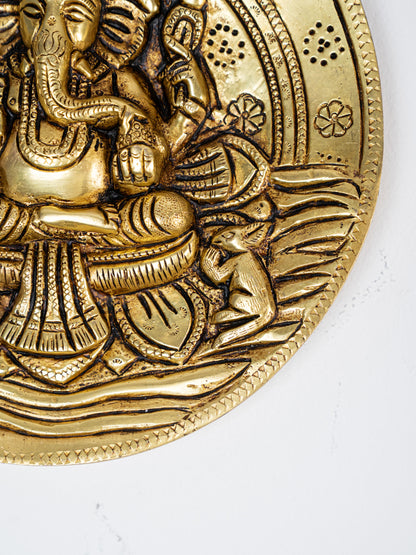 Brass Lotus Ganesha Round Plate Wall Hanging - 7 inch - WL5284