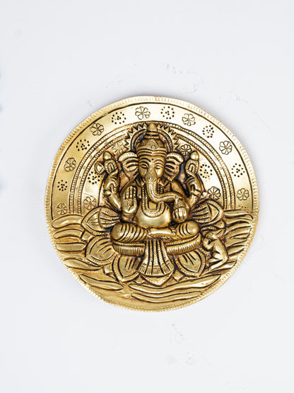 Brass Lotus Ganesha Round Plate Wall Hanging - 7 inch - WL5284