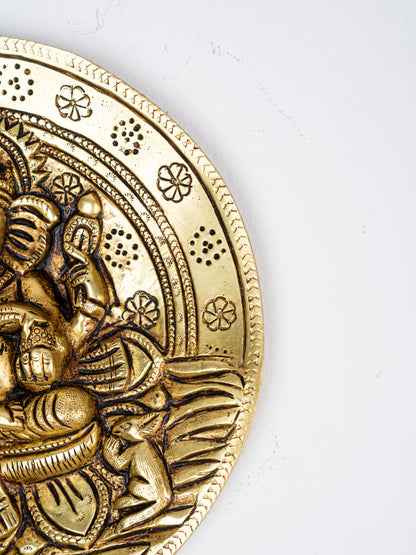 Brass Lotus Ganesha Round Plate Wall Hanging - 7 inch - WL5284