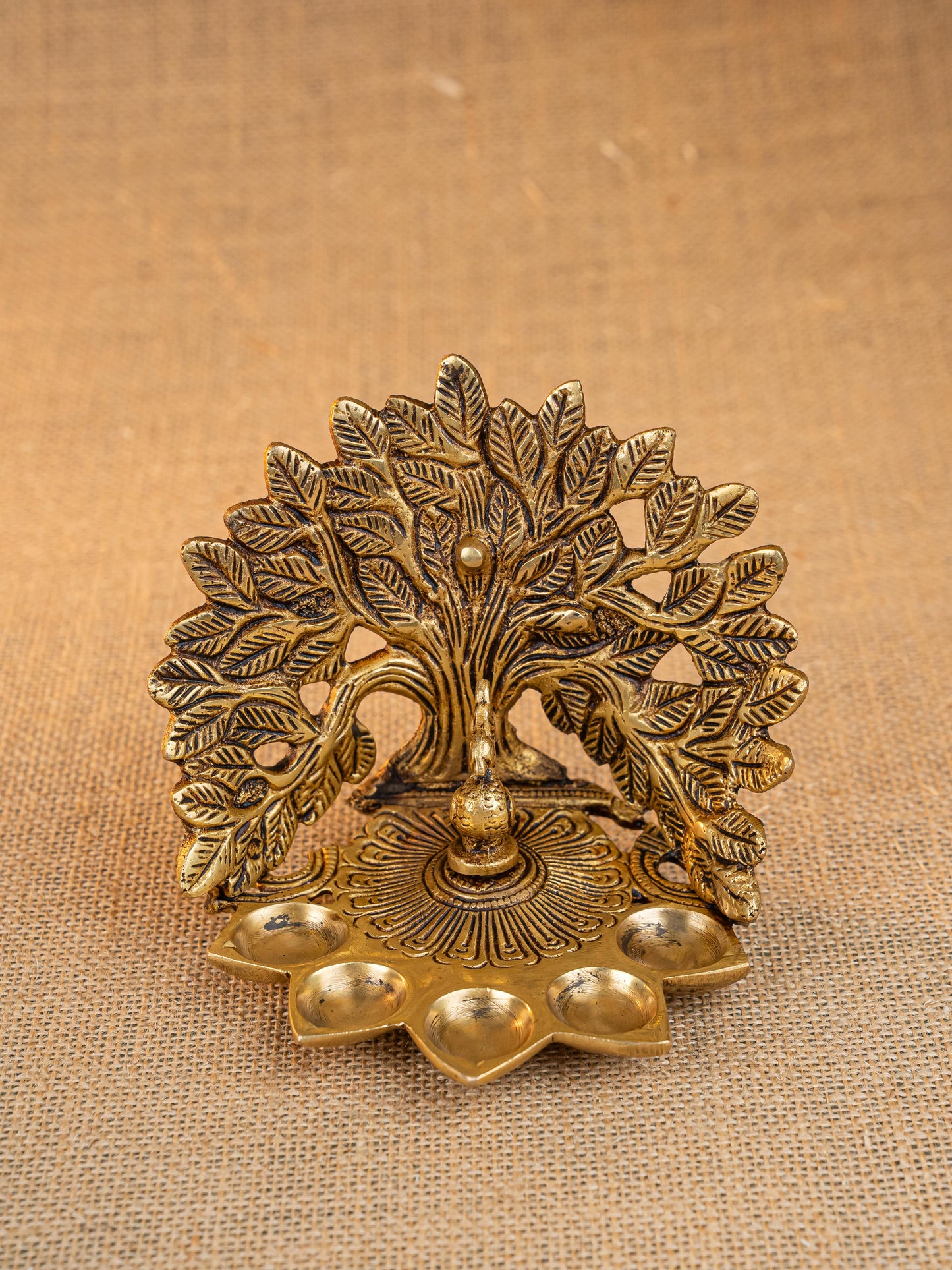 Brass Tree Peacock Five Face Diya  - 4 inch - WL5288