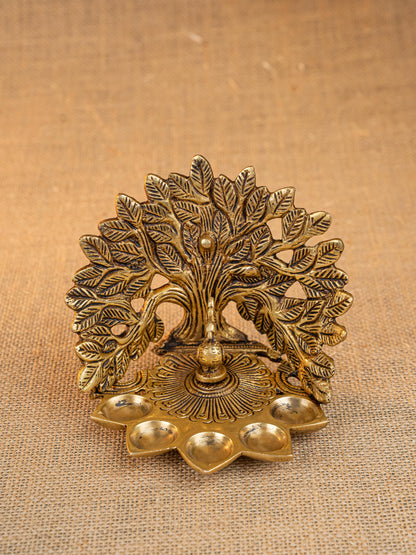 Brass Tree Peacock Five Face Diya  - 4 inch - WL5288