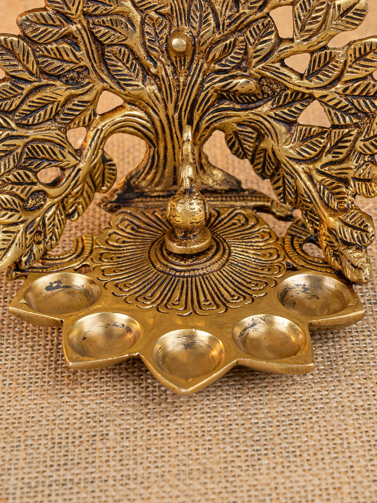 Brass Tree Peacock Five Face Diya  - 4 inch - WL5288