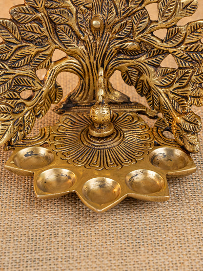 Brass Tree Peacock Five Face Diya  - 4 inch - WL5288