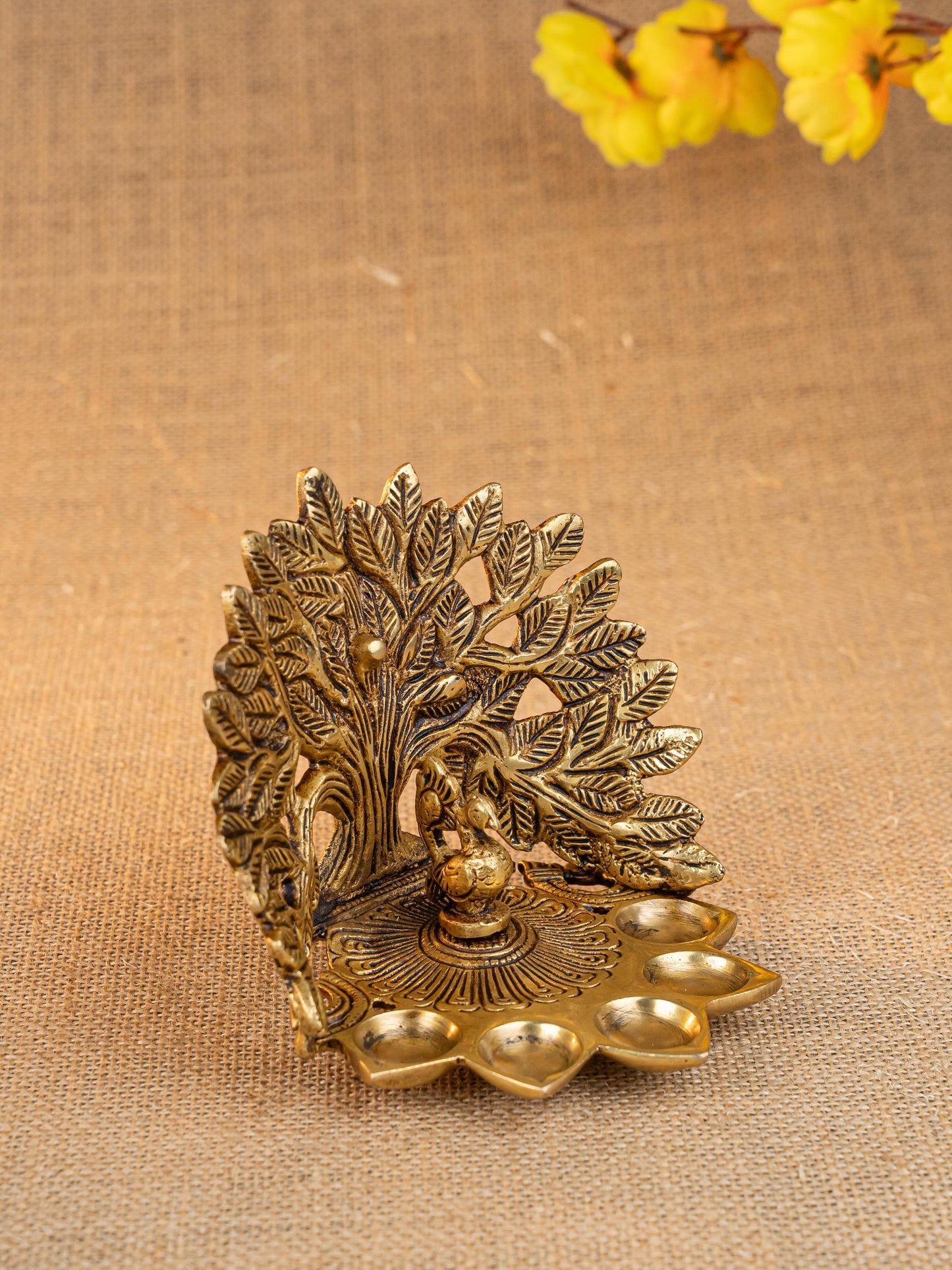 Brass Tree Peacock Five Face Diya  - 4 inch - WL5288