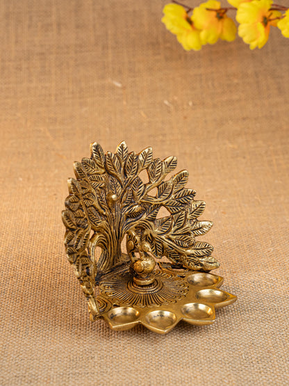 Brass Tree Peacock Five Face Diya  - 4 inch - WL5288