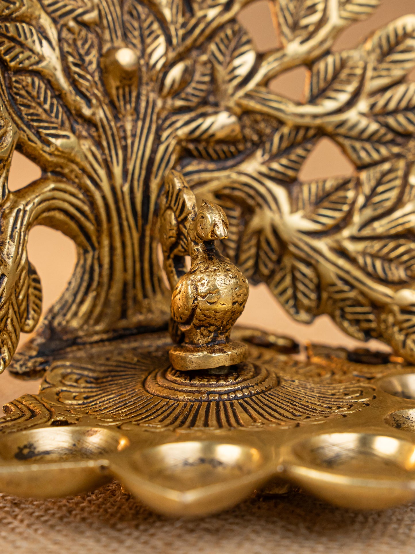 Brass Tree Peacock Five Face Diya  - 4 inch - WL5288