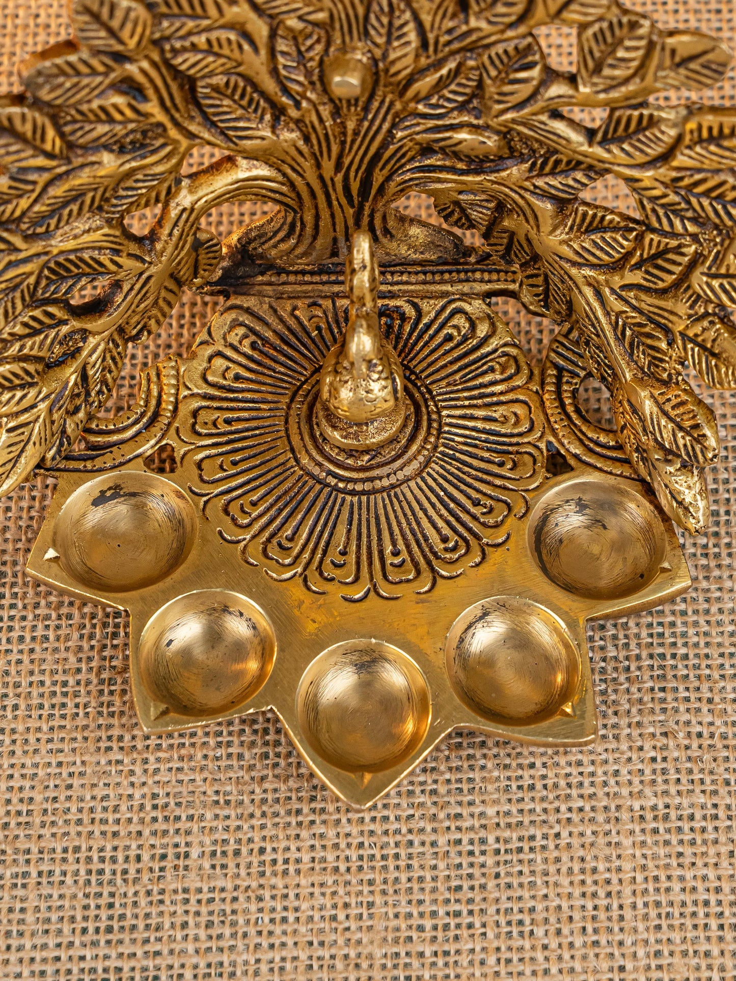 Brass Tree Peacock Five Face Diya  - 4 inch - WL5288