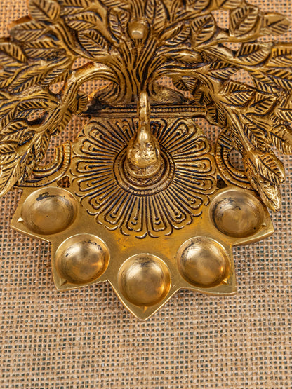 Brass Tree Peacock Five Face Diya  - 4 inch - WL5288
