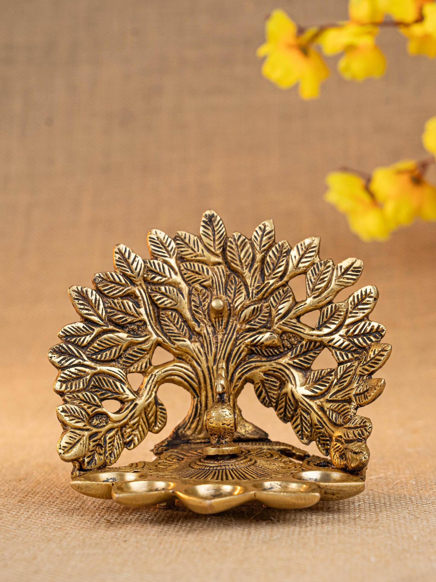 Brass Tree Peacock Five Face Diya  - 4 inch - WL5288