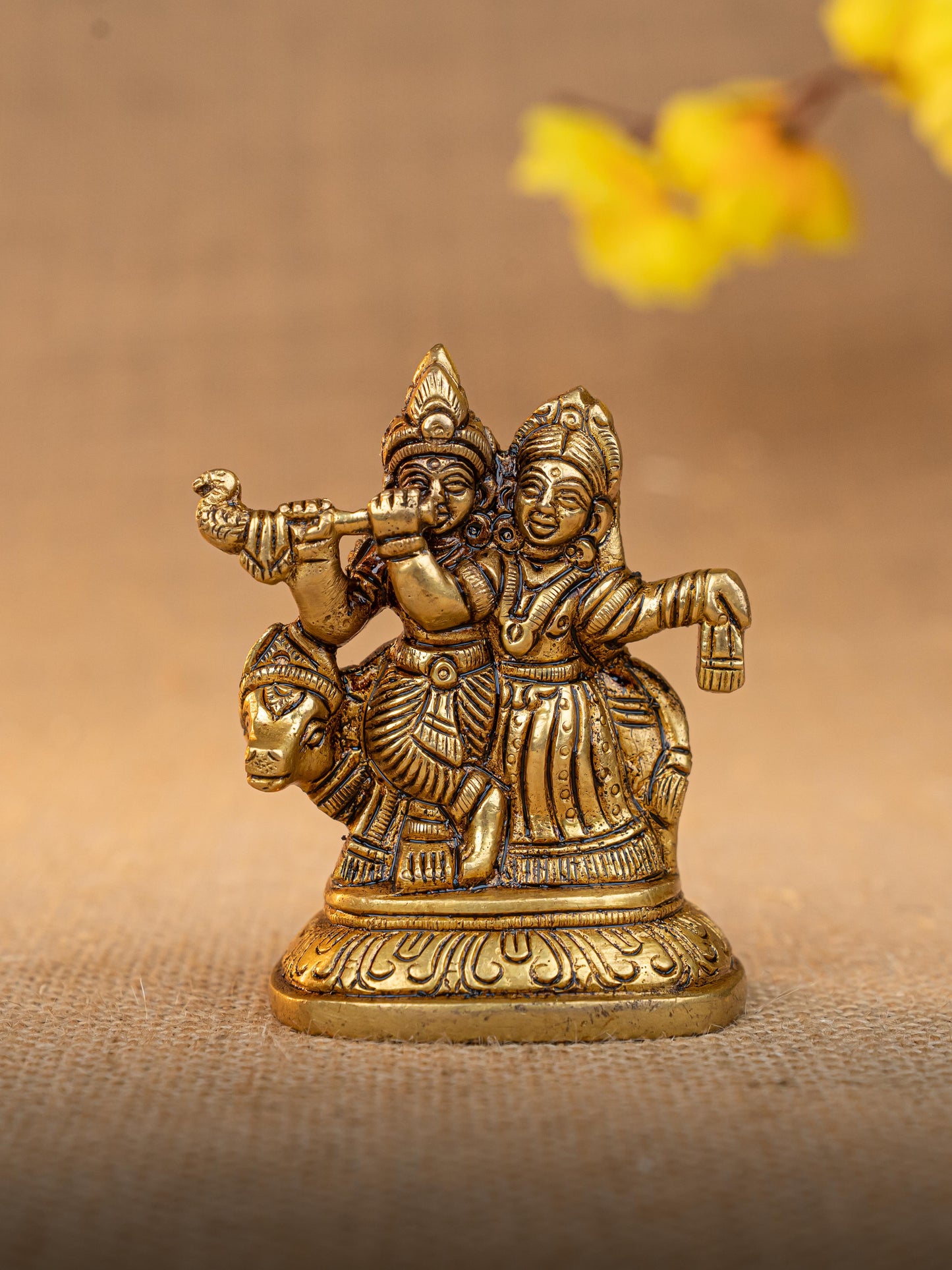 Brass Radha Krishna with Cow Idol - 3 inch - WL5291