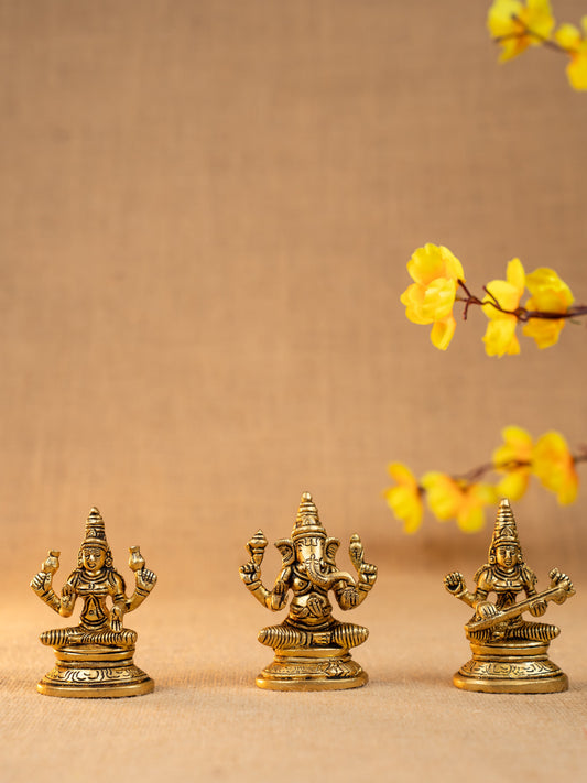Brass Lakshmi Ganesha Saraswathi Idol - Set of 3 - 4 inch - WL5293