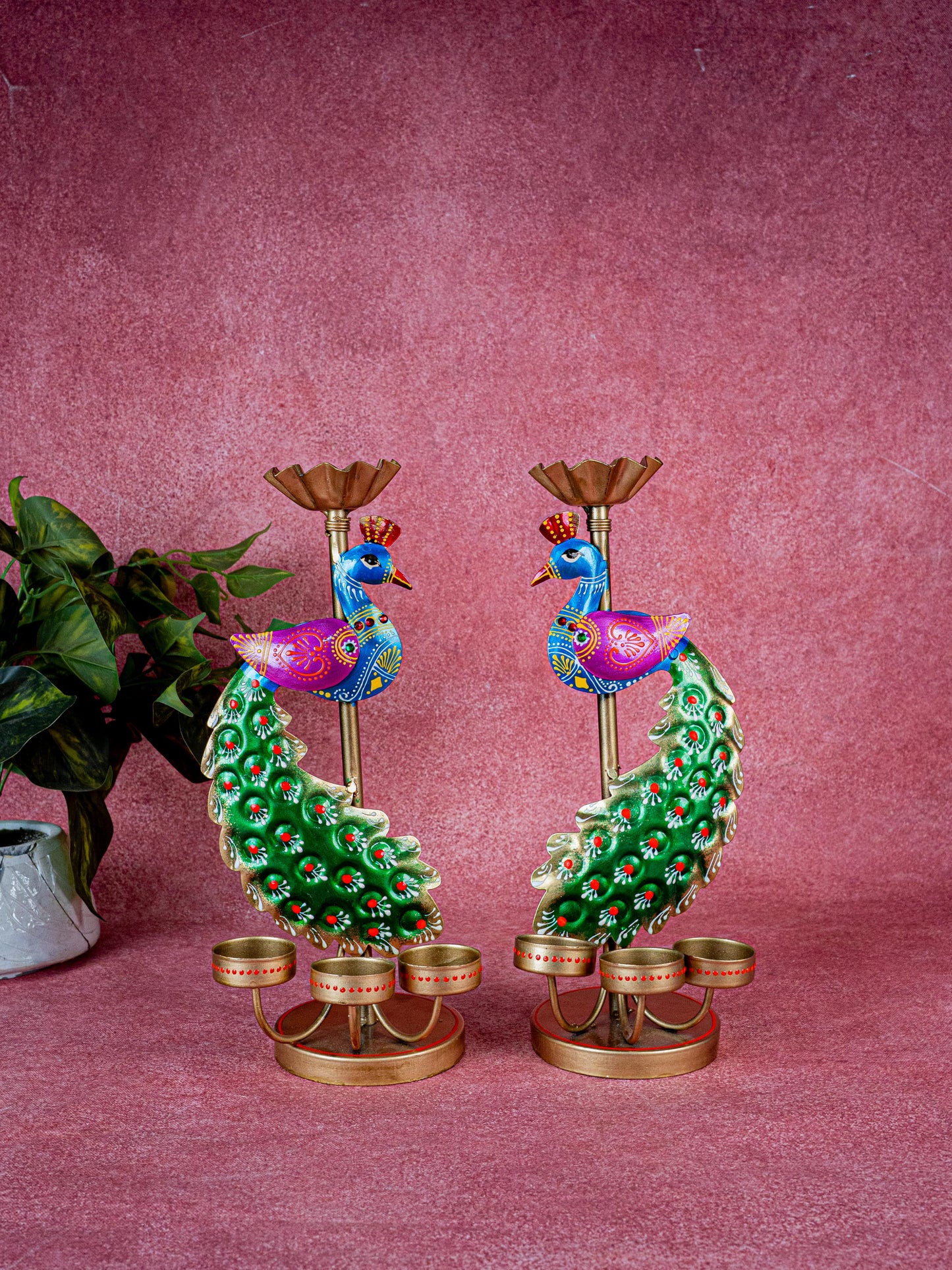 Metal Handpainted Peacock T Light Holder - Set of 2 - WL5326