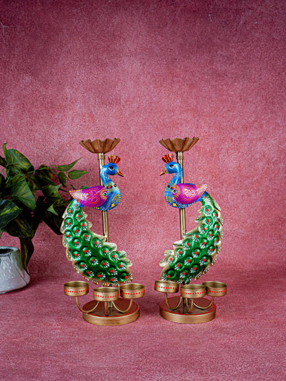 Metal Handpainted Peacock T Light Holder - Set of 2 - WL5326