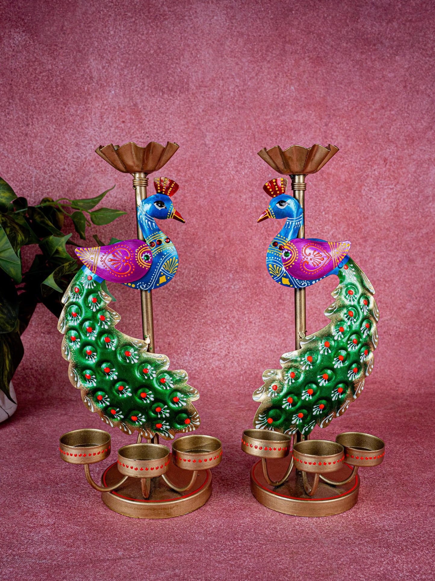 Metal Handpainted Peacock T Light Holder - Set of 2 - WL5326
