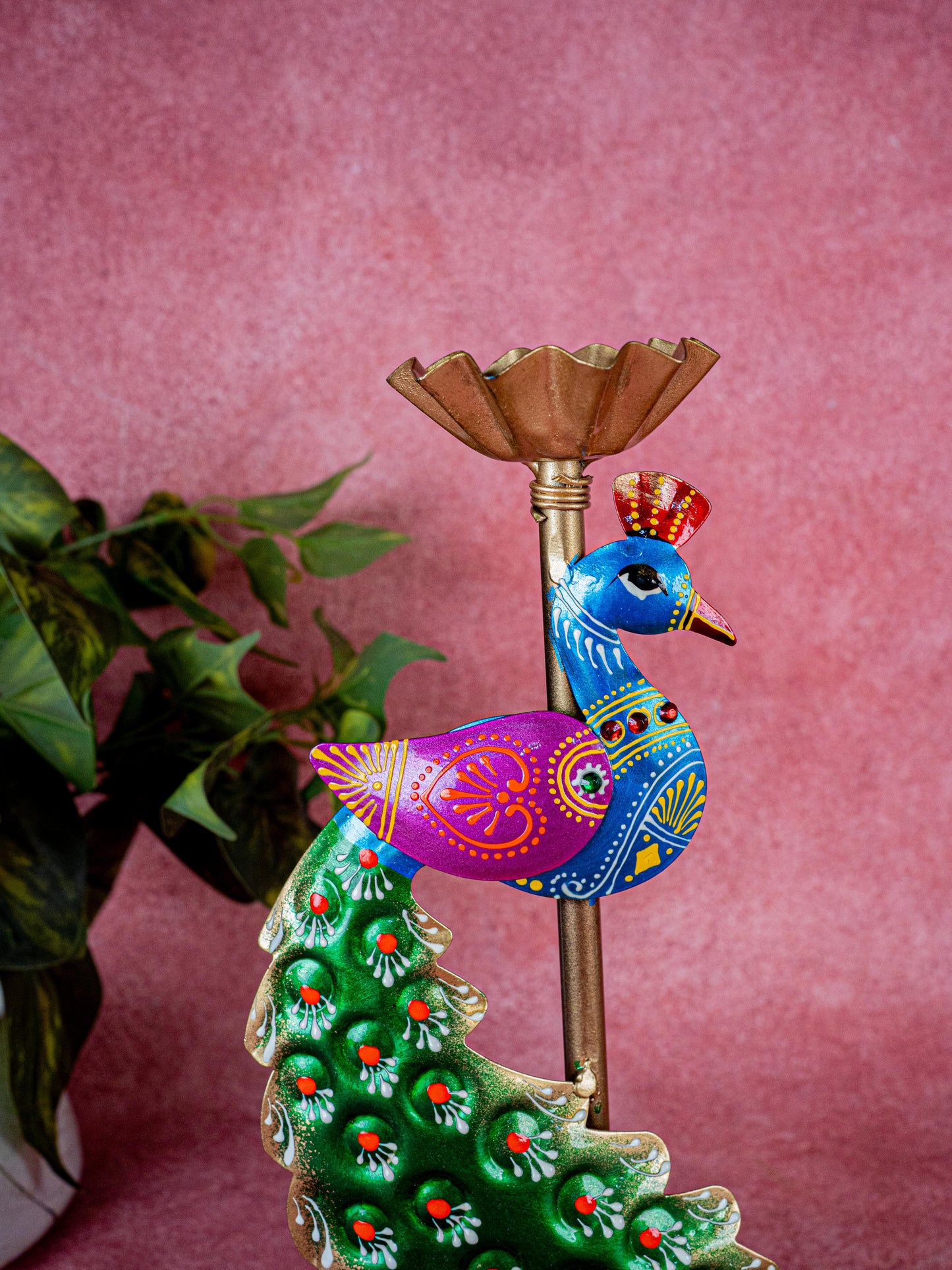 Metal Handpainted Peacock T Light Holder - Set of 2 - WL5326