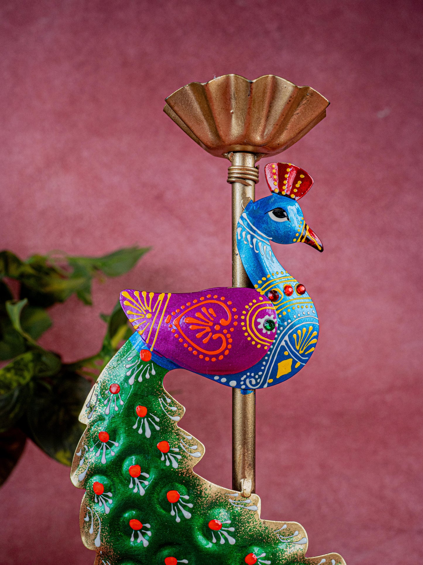Metal Handpainted Peacock T Light Holder - Set of 2 - WL5326