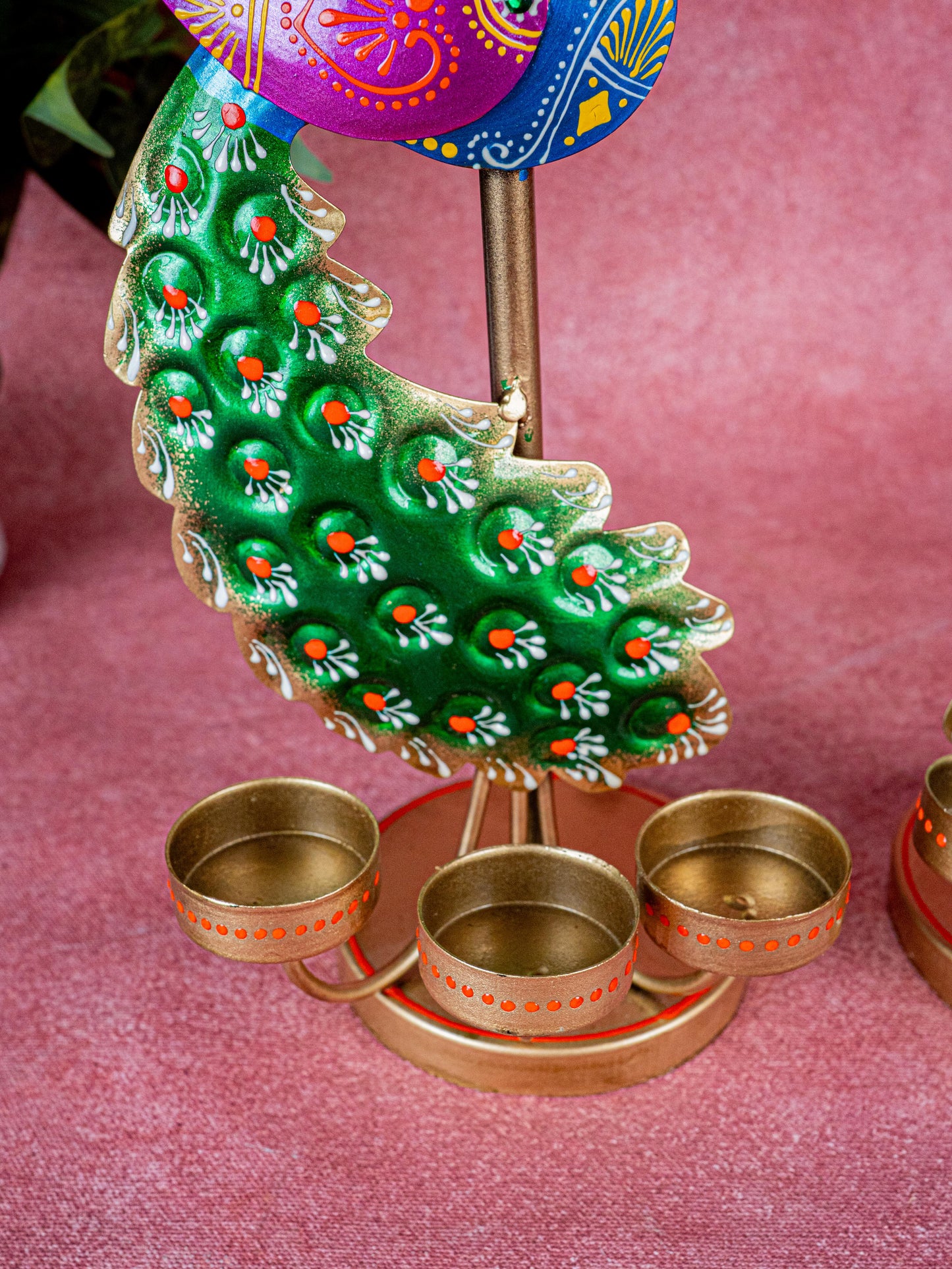 Metal Handpainted Peacock T Light Holder - Set of 2 - WL5326