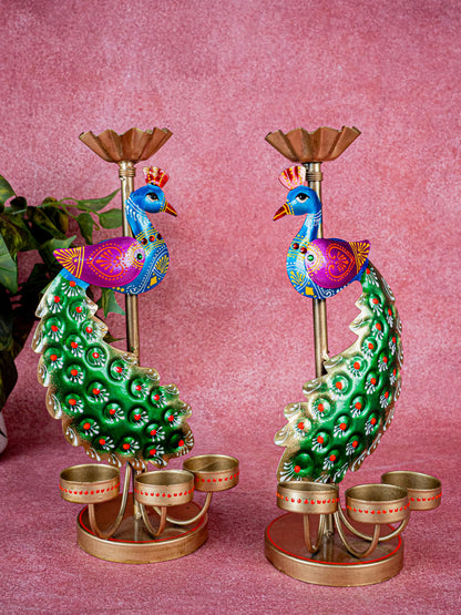 Metal Handpainted Peacock T Light Holder - Set of 2 - WL5326