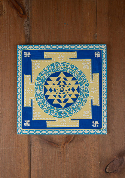 Wooden Shree Yantra Wall Hanging - 10x10 inch - Blue - WL5380-1