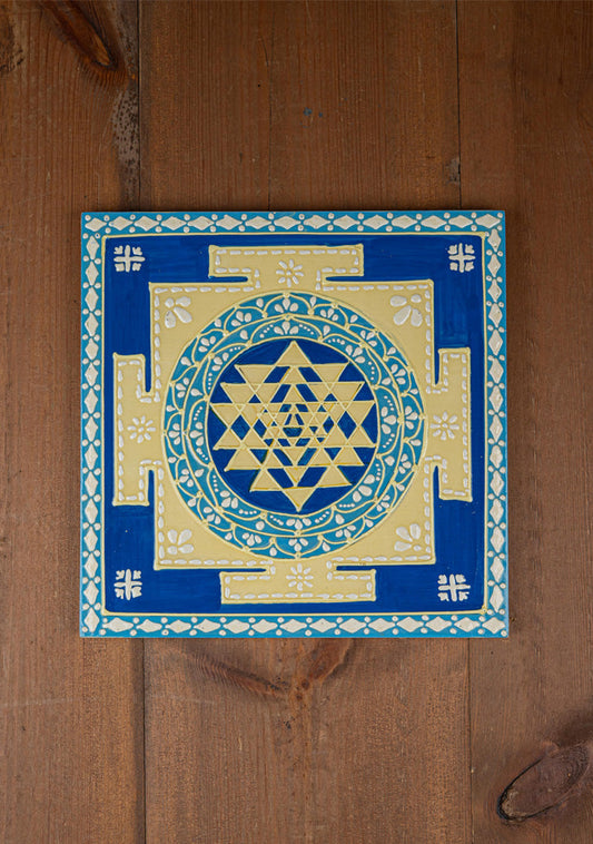 Wooden Shree Yantra Wall Hanging - 10x10 inch - Blue - WL5380-1