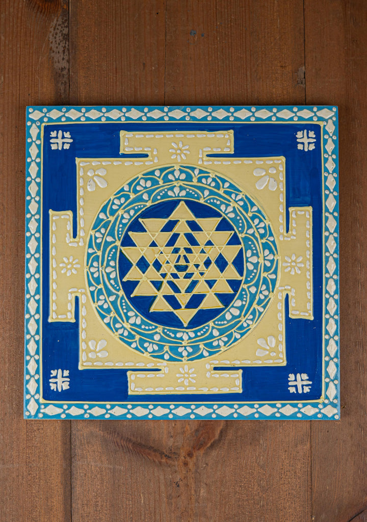 Wooden Shree Yantra Wall Hanging - 10x10 inch - Blue - WL5380-1