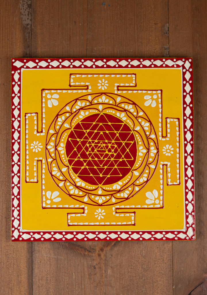Wooden Shree Yantra Wall Hanging - 10x10 inch - Red - WL5380-2