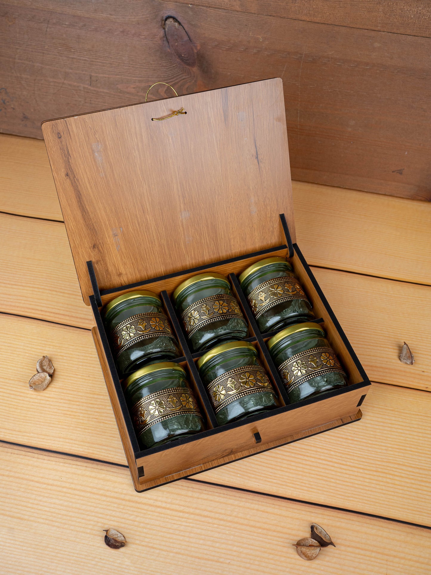 Wooden Dry Fruit Box with 6 Glass Jar - Annapakshi Design - 9x7 inch - WL5385-1
