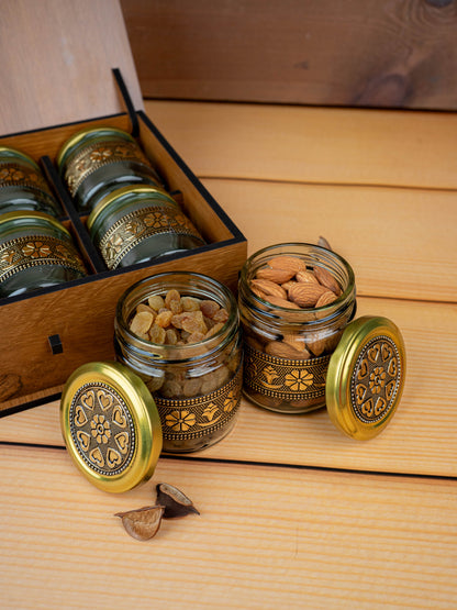 Wooden Dry Fruit Box with 6 Glass Jar - Annapakshi Design - 9x7 inch - WL5385-1