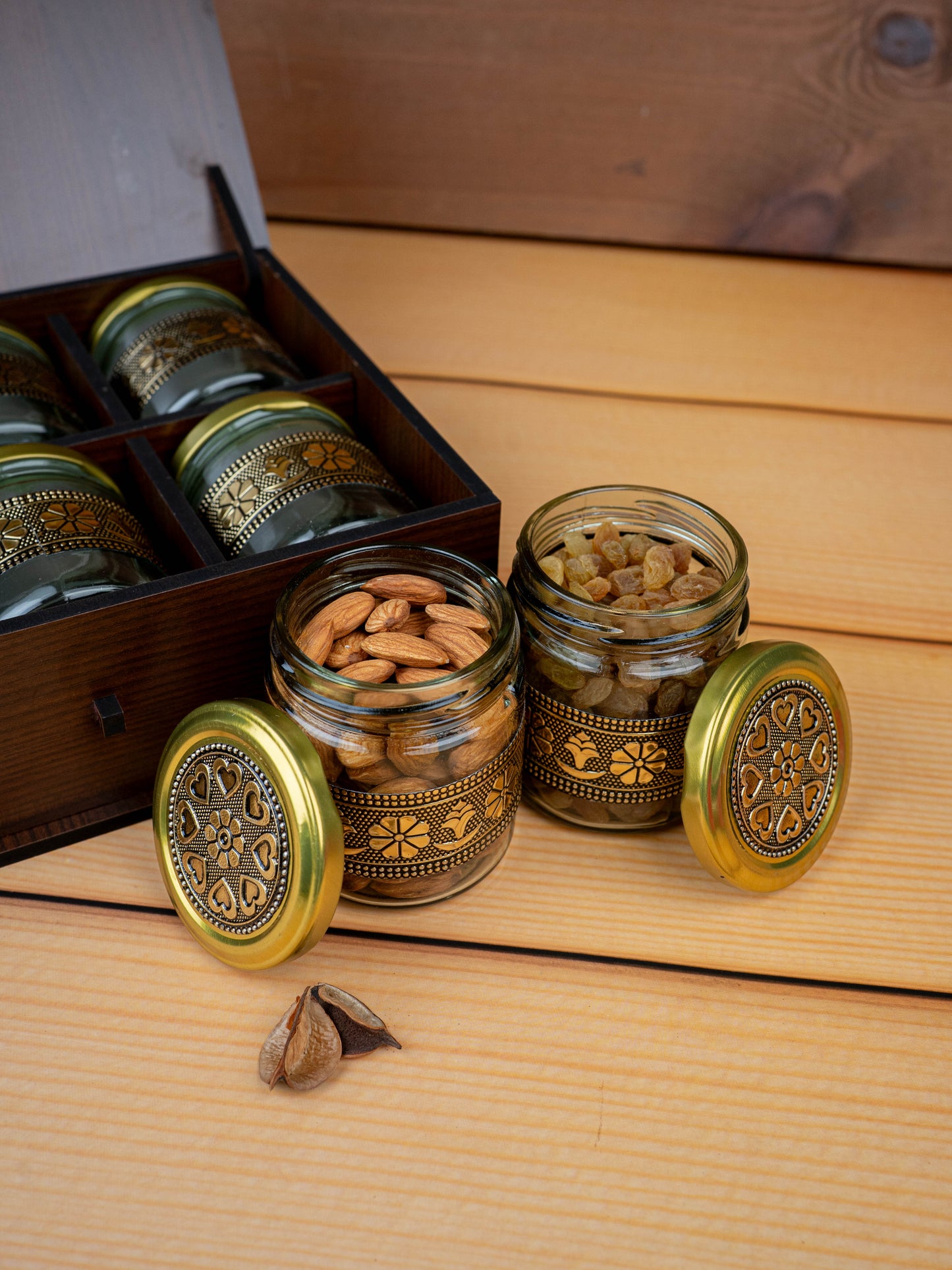 Brown Dry Fruit Box with 6 Glass Jar - Annapakshi Design - 9x7 inch - WL5385-2