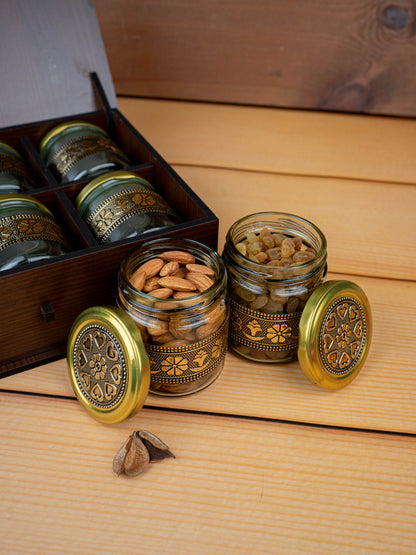 Brown Dry Fruit Box with 6 Glass Jar - Annapakshi Design - 9x7 inch - WL5385-2