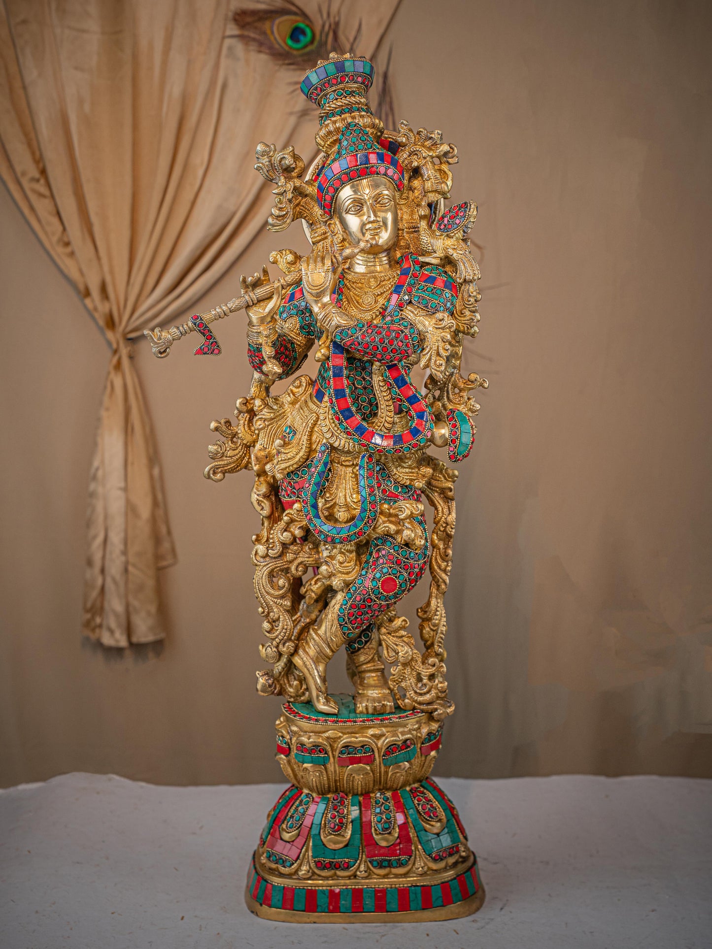 Brass Krishna Idol with Stone Work - 28 inch - WL5411