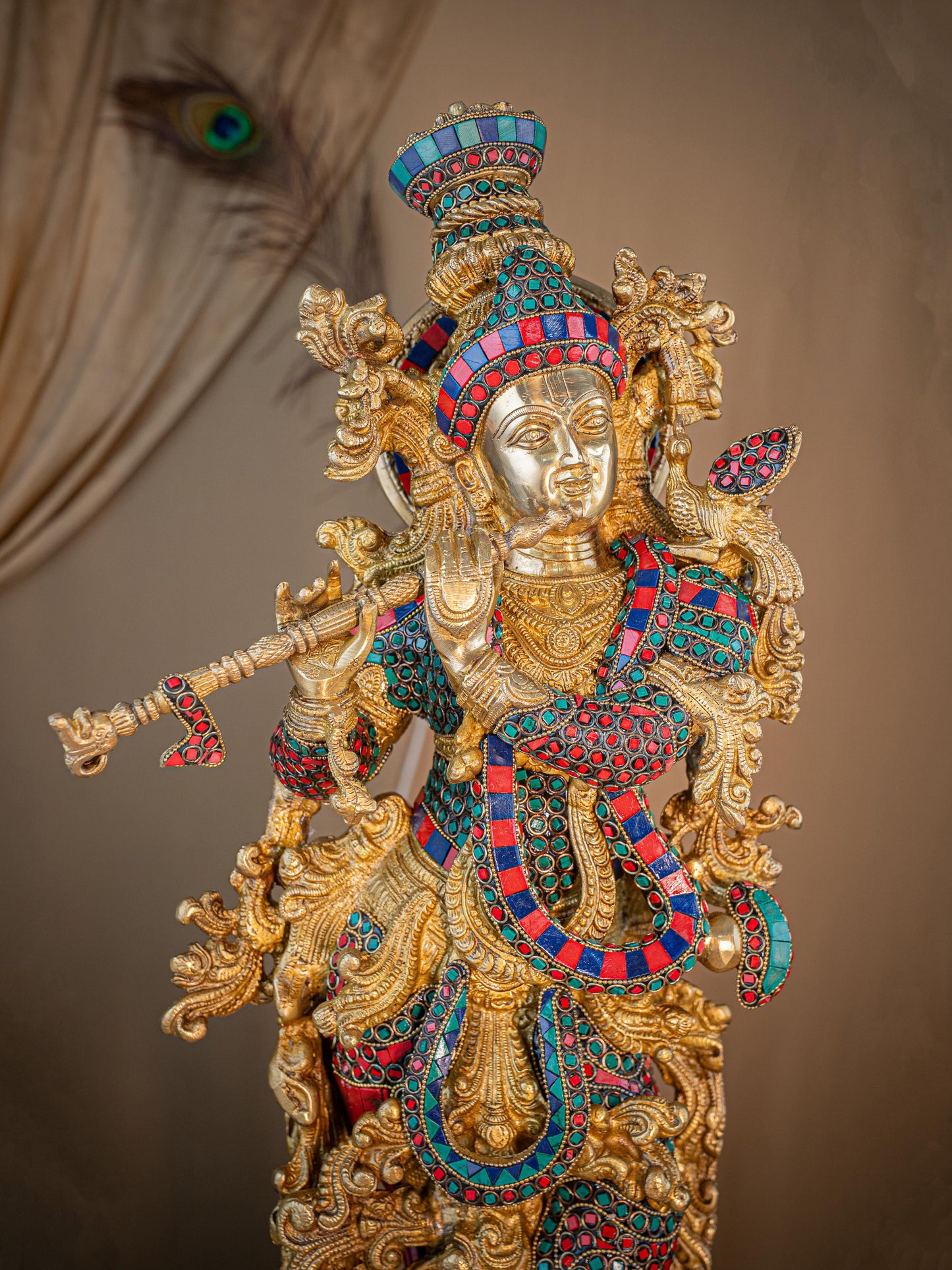 Brass Krishna Idol with Stone Work - 28 inch - WL5411
