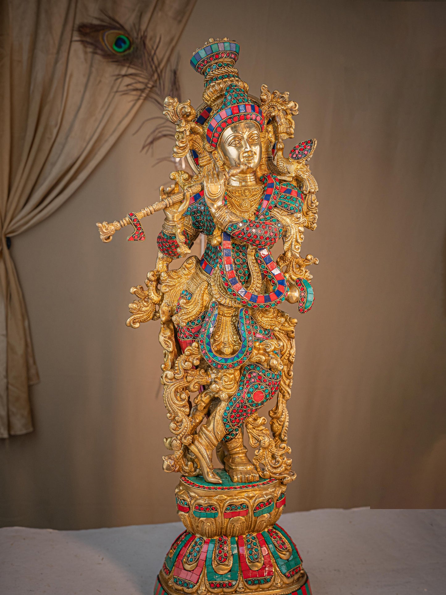 Brass Krishna Idol with Stone Work - 28 inch - WL5411