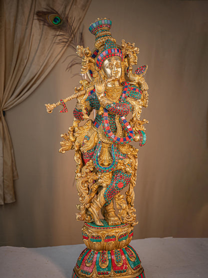 Brass Krishna Idol with Stone Work - 28 inch - WL5411