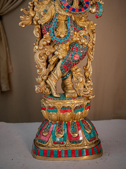Brass Krishna Idol with Stone Work - 28 inch - WL5411