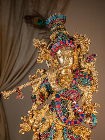 Brass Krishna Idol with Stone Work - 28 inch - WL5411