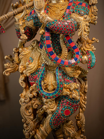 Brass Krishna Idol with Stone Work - 28 inch - WL5411